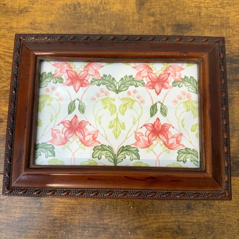 VTG Jewelry Box Photo Frame Brown Faux Wood Velvet Lined Grannycore Cottage Boho
